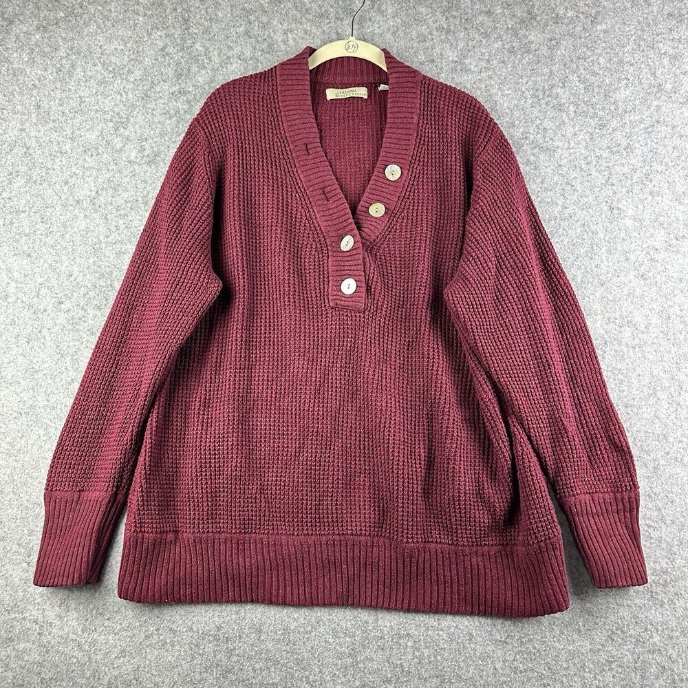 Natural Reflections Sweater Womens 2XL XXL Burgundy Henley Knit Hiking Outdoors